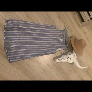 Blue and white strapped dress. Mid length.